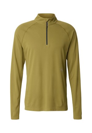 Bluza z długim rękawem w oliwkowym kolorze, z krótkim zamkiem i fakturowaną tkaniną. Posiada rękawy typu raglan oraz minimalistyczny design.