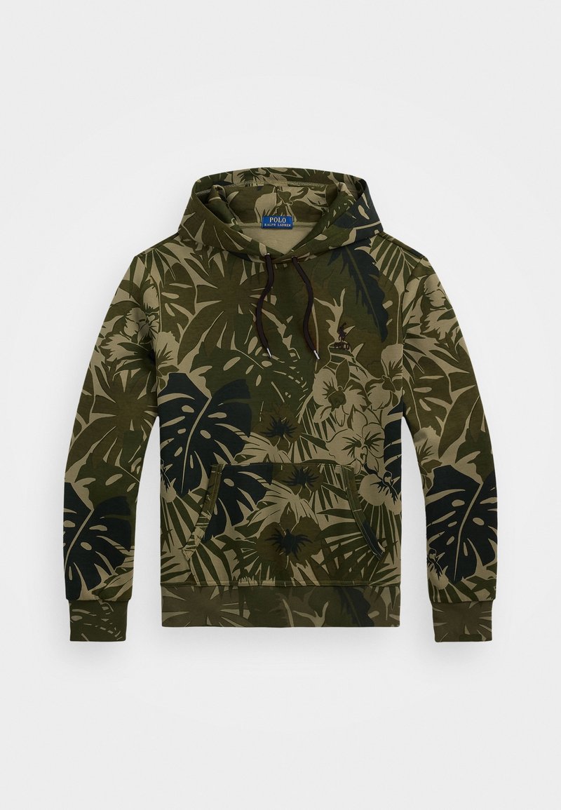 Sweat à capuche avec motif camouflage de feuilles et fleurs tropicales vertes et noires, poche kangourou à l’avant et capuche à cordon.
