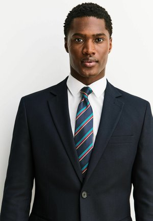 Mies, jolla on lyhyet kiharat hiukset, pukeutunut tummaan pukuun, valkoiseen paitaan ja raidalliseen solmioon, seisoo yksivärisen valkoisen taustan edessä.