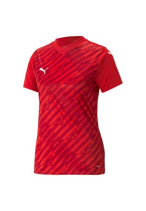 Maglietta sportiva rossa con scollo a V e maniche corte, caratterizzata da un motivo testurizzato di zigzag rossi più scuri e un logo Puma bianco sul petto.