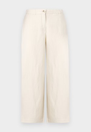 Beige vidt gående bukser i et let stof, med knaplukning, bæltestropper og rene sømme. Glat tekstur og minimalistisk design.