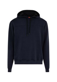 Felpa con cappuccio blu navy, tessuto in misto cotone, tasca a marsupio, cappuccio con coulisse, polsini e orlo a costine, texture liscia, design minimalista.