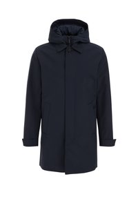 Abrigo impermeable azul marino con capucha, cierre frontal con cremallera, dos bolsillos laterales y detalles de botones. Tejido suave y forro ligeramente texturizado.