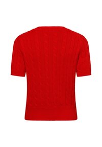 Röd kortärmad stickad tröja med flätmönster, ribbad halsringning och fåll. Slät textur med figursydd silhuett. Visad bakifrån.