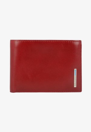 Red leather wallet with a smooth texture, card slots, and a metallic logo accent on the front. Rectangular shape with stitched edges.