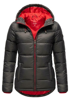 Black puffer jacket with a red lining, zip front, hood, and elastic drawstrings. Features quilted texture and side pockets.