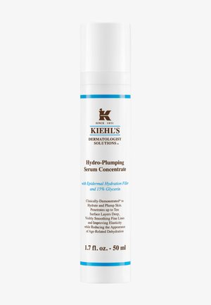 Kiehl's Hydro-Plumping Serum Concentrate, biały cylindryczny pojemnik, niebieskie akcenty, oznakowany szczegółami produktu. 1,7 fl. oz. - 50 ml.