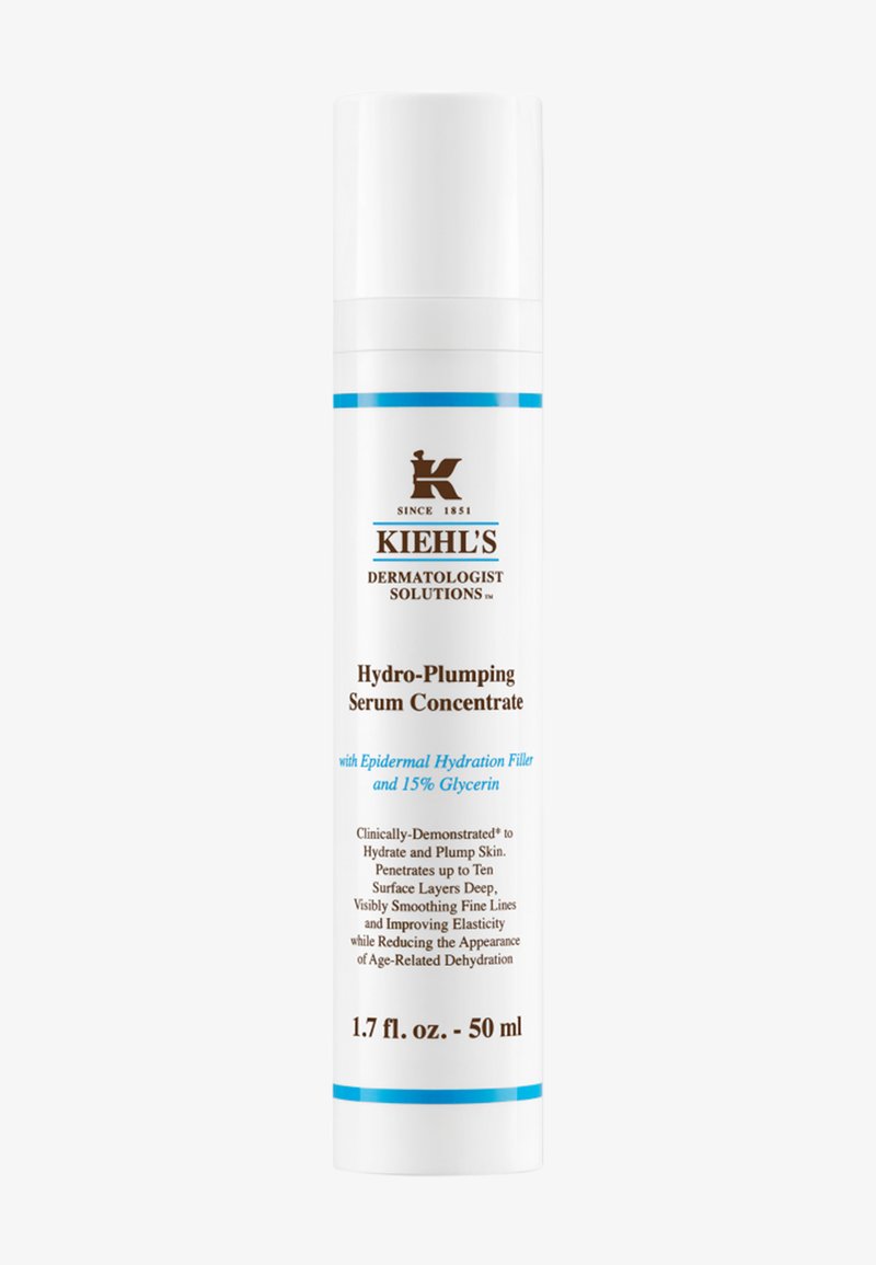 Kiehl's Hydro-Plumping Serum Concentrate, biały cylindryczny pojemnik, niebieskie akcenty, oznakowany szczegółami produktu. 1,7 fl. oz. - 50 ml.
