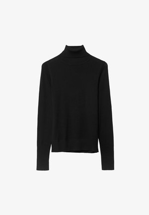 Schwarzer Rollkragenpullover aus weichem Strickstoff. Mit langen Ärmeln und einer engen Passform sowie einem geraden Saum.