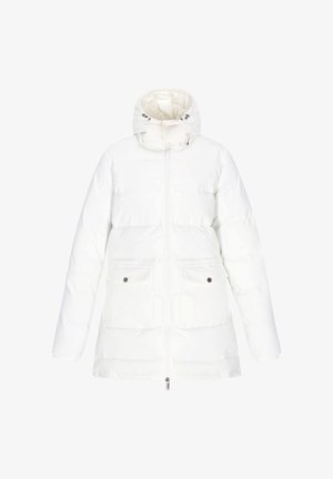Biała kurtka puchowa z wysokim kołnierzem i regulowanym kapturem. Posiada dwie przednie kieszenie z ciemnymi guzikami oraz zapięcie na zamek błyskawiczny z przodu.