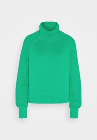 Pull vert encolure roulée en tricot avec motifs côtelés et texturés, manches longues et ourlet ajusté.