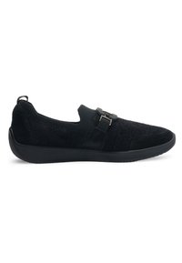 Black slip-on shoe with textured upper, rounded toe, black rubber sole, and decorative strap with buckle on the side.