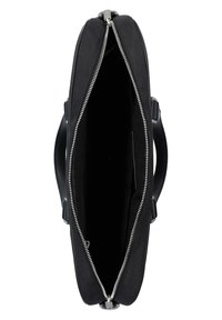 Czarna torba na laptopa z gładkim materiałem zewnętrznym, mocnym zamknięciem na zamek błyskawiczny i metalowymi akcesoriami, z przestronnym, pustym wnętrzem.