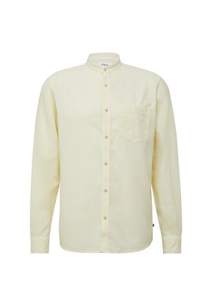 Lichtgele langarmhemd met een bandkraag, knoopsluiting aan de voorkant, zak op de linkerborst en een licht textuur op de stof.