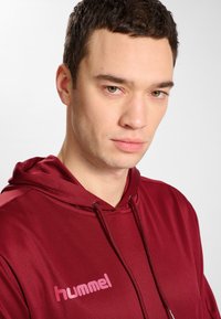 Bordowa bluza z kapturem o miękkiej fakturze, z sznurkiem, różowym logo na piersi i luźnym krojem.