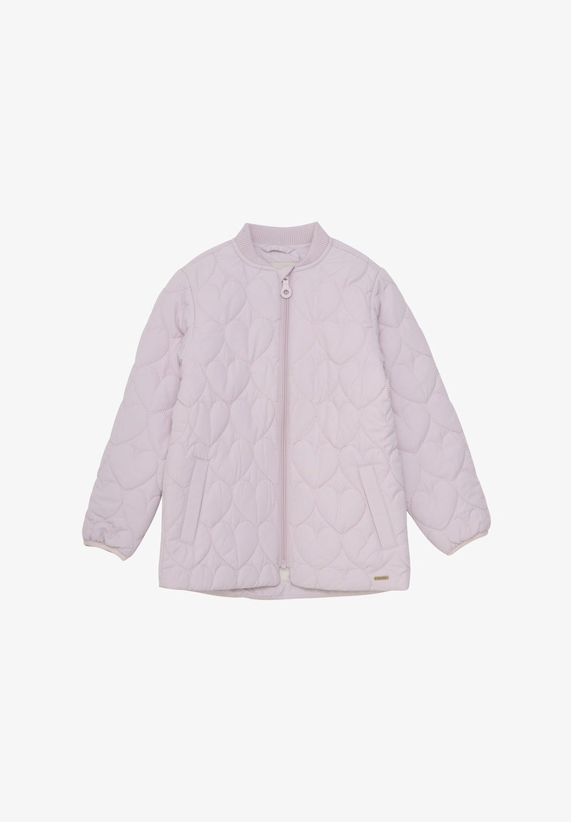 Helles rosa gesteppte Jacke mit herzförmigen Nähten, geripptem Kragen und Bündchen, Frontreißverschluss und zwei seitlichen Taschen.