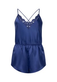 Marineblauer Satin-Overall mit Spitzenverzierung am Ausschnitt, verstellbaren Spaghetti-Trägern und einem elastischen Taillenbund für eine entspannte Passform.