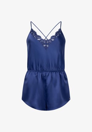 Marine satijnen romper met kantdetails bij de halslijn, verstelbare spaghettiruggen en een elastische tailleband voor een ontspannen pasvorm.