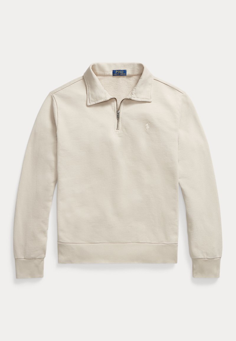 Light beige long-sleeve pullover with quarter-zip collar and small embroidered logo on the left chest.