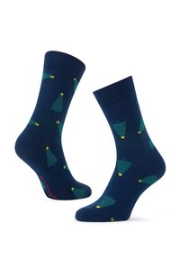 Granatowe skarpetki z wzorem zielonych choinek świątecznych i żółtymi gwiazdkami. Wykonane z miękkiego, elastycznego materiału z prążkowanym mankietem.