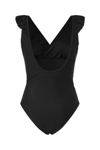 Musta yksiosainen uimapuku, jossa syvä V-pääntie, röyhelöiset olkaimet ja rypytetty kangasrintakehässä.
