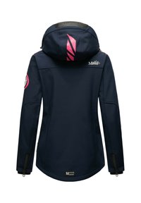 Navy blue hooded jacket with pink accents, zippered cuffs, logo on upper back and left sleeve, and brand patch near hem.