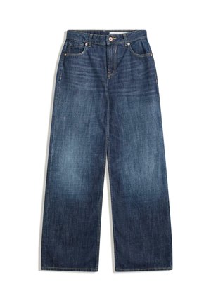 Breda ben blå denimjeans med en mörk tvätt, med framfickor, metallknappslutning och sömnadsdetaljer längs sömmarna.