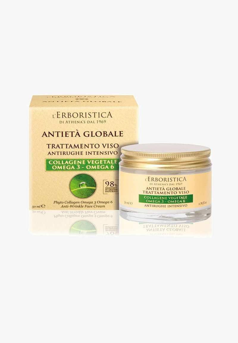 Anti-Aging-Gesichtscreme in einem Glasbehälter mit goldener Kappe, begleitet von einer beige Box mit einem grünen Etikett und Text in mehreren Sprachen.