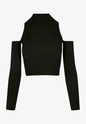 Black ribbed crop top with long sleeves and an off-shoulder design. Features a high neck and fitted silhouette, made from a soft knit material.