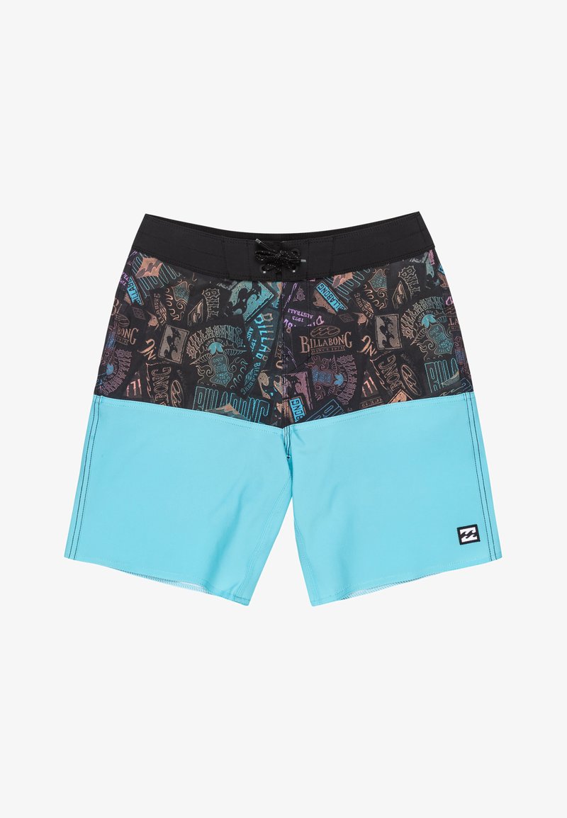 Herrebadebukser med et sort mønstret øverste halvdel med multicolore grafikker og en solid turkise nederste halvdel. Sort talje med snørelukning.