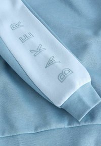 Sweat-shirt bleu clair avec une texture lisse, comportant un panneau de manche bleu pâle contrastant et un lettrage embossé "BAKER".