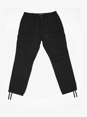 Black cargo pants with elastic waistband, drawstrings, multiple side pockets, and tapered legs. Made from durable fabric with a smooth texture.