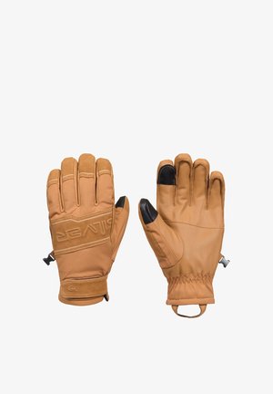 Pair of tan leather gloves with black touchscreen-compatible fingertips and adjustable wrist straps on white background.