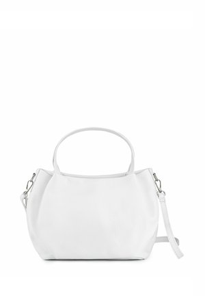 Weiße Lederhandtasche mit runder Form, doppelten Griffen und einem abnehmbaren Schultergurt. Merkmale sind eine strukturierte Oberfläche und silberne Hardware-Akzente.