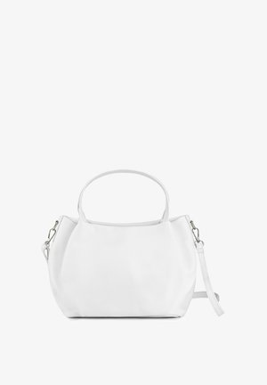White leather handbag with a rounded shape, dual handles, and a detachable shoulder strap. Features a textured finish and silver hardware accents.