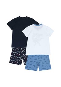 Zwei Sets Kinder-Schlafanzüge: dunkelblaues T-Shirt, weißes T-Shirt mit blauer Kragen, gemusterte Shorts mit Fußball und Haien in Dunkel- und Hellblau.
