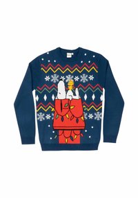Maglione a maglia blu navy con tema natalizio, caratterizzato da fiocchi di neve bianchi, motivi a zigzag colorati e un design di un orso polare con decorazioni festive.