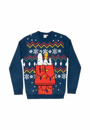 Navy blue knit sweater with a Christmas theme, featuring white snowflakes, colorful zigzag patterns, and a design of a polar bear and festive decorations.