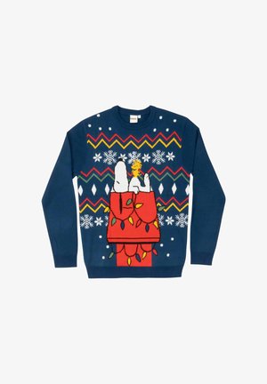 Maglione a maglia blu navy con tema natalizio, caratterizzato da fiocchi di neve bianchi, motivi a zigzag colorati e un design di un orso polare con decorazioni festive.