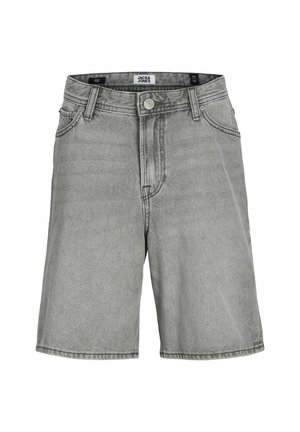 Grå denimshorts med bæltestropper, knaplukning foran og lommer, mærket Jack & Jones, vist på en hvid baggrund.