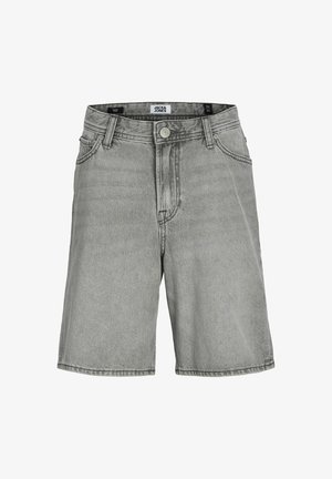 Grå denimshorts med bæltestropper, knaplukning foran og lommer, mærket Jack & Jones, vist på en hvid baggrund.
