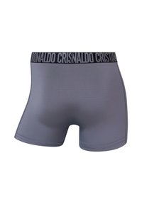 Grå boksershorts i et glat og glat materiale med en sort taljebånd med "RONALDO" bogstaver. Designet til komfort og pasform.