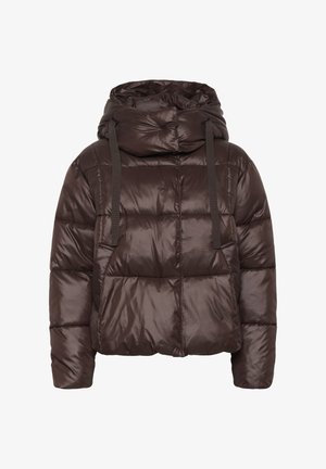 Rjava podložena jakna z visokim ovratnikom in vrvico na kapuci. Ima teksturirano tkanino, dolge rokave, šive na sprednjem delu in skrajšan kroj.