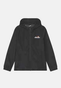 Zwarte waterdichte jas met capuchon, full zip en elastische manchetten. Heeft een geborduurd wit "ellesse" logo op de borst.