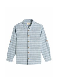 Camisa de manga larga azul claro con rayas blancas horizontales, cuello, botones en la parte delantera y bolsillo en el pecho. Confeccionada en tela texturizada.