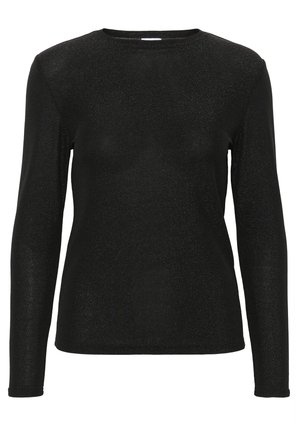 Črno dolgo rokavno majico iz sijoče, teksturirane tkanine z okroglim izrezom in oprijetim krojem. Brez vidnih okraskov ali vzorcev.