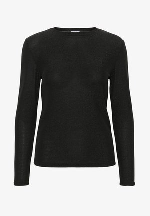 Schwarzes Langarm-Oberteil aus schimmerndem, strukturiertem Stoff mit rundem Ausschnitt und figurbetonter Silhouette. Keine sichtbaren Verzierungen oder Muster.