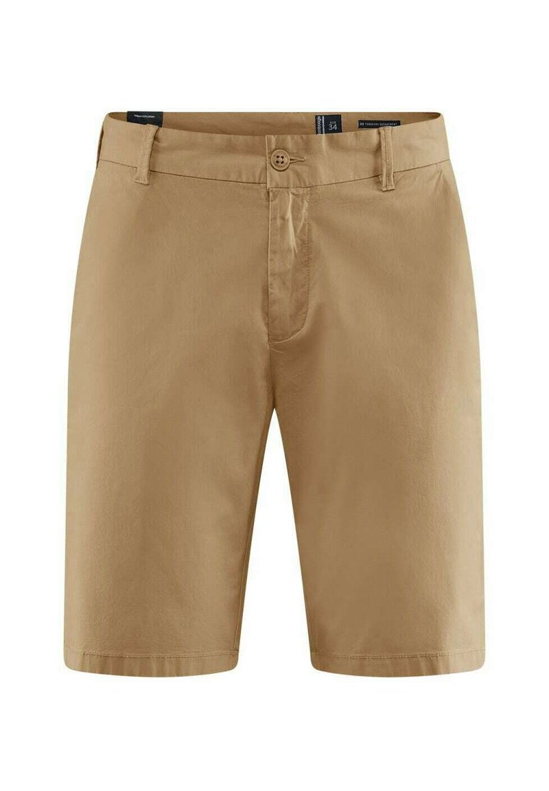 Shorts in cotone beige con chiusura a bottone, frontale piatto e tasche laterali. Gamba dritta con un design liscio e minimalista.