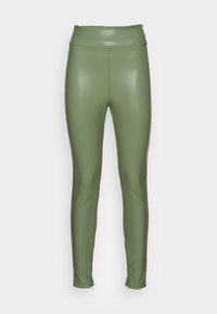 Leggings verdes ajustados de talle alto, hechos de un material brillante y suave. Cuentan con cremalleras en los tobillos y un diseño limpio y sencillo sin patrones.