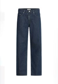 Jeans de mezclilla azul oscuro con corte recto, diseño clásico de cinco bolsillos y cierre de cremallera. Presentan herrajes en tono plata y detalles de costura.